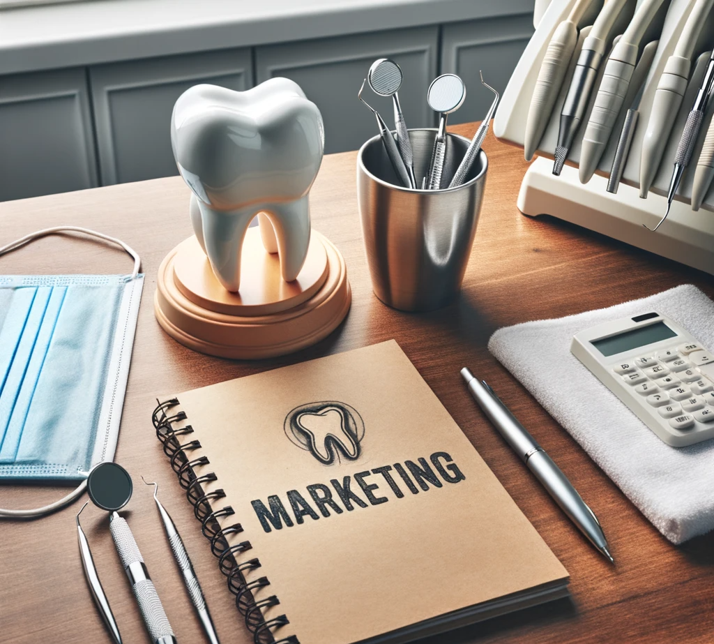 Foto einer sauberen Einrichtung einer Zahnarztpraxis. Auf einem Holztisch liegen ein Stapel zahnmedizinischer Broschüren, ein Zahnmodell und handschriftliche Notizen zu Marketingstrategien, die die Konzepte von Zahnarztpraxis und Marketing zeigen.