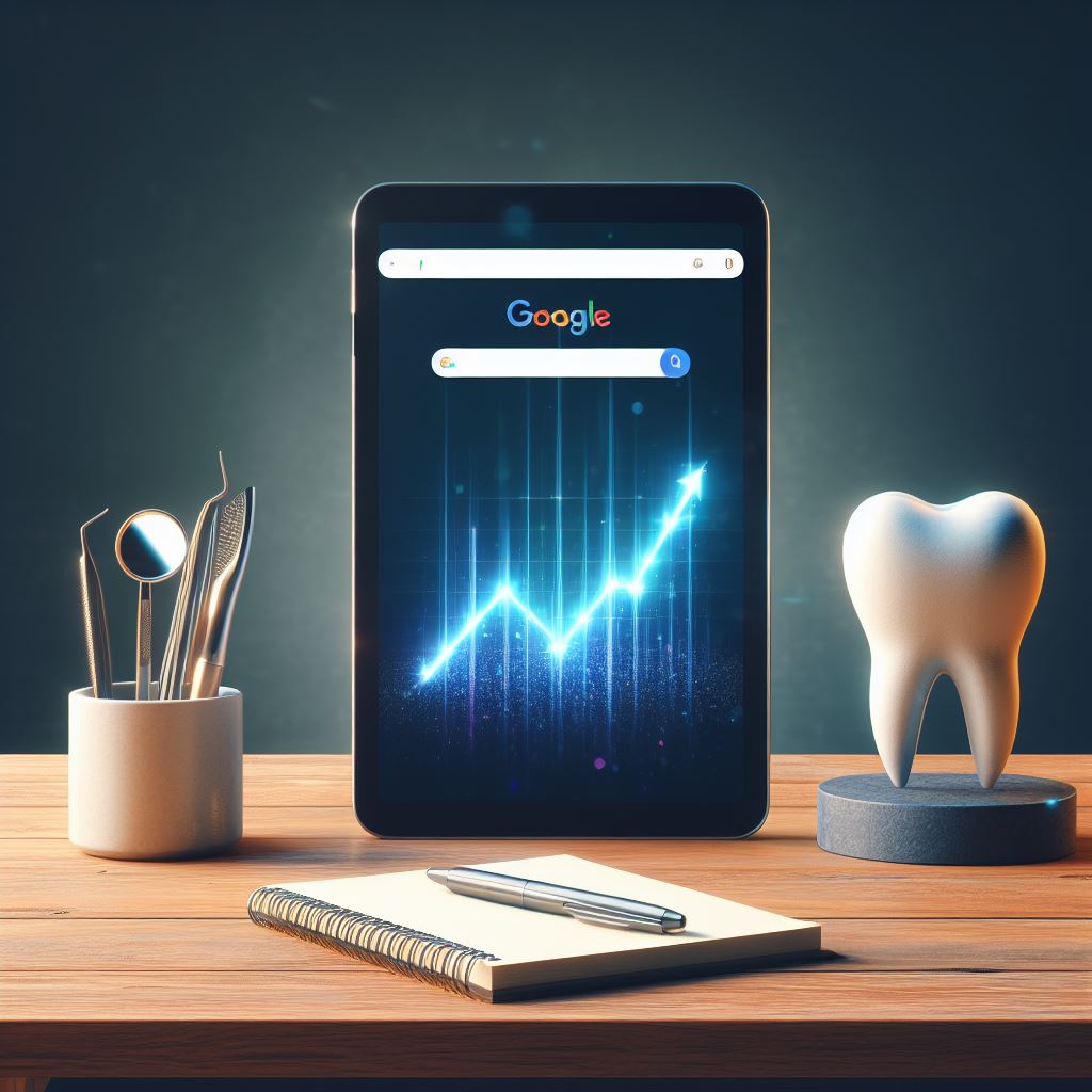 Google Unternehmensprofile für Zahnärzte Zu sehen ist ein Tablett auf einer hölzernen Schreibtischplatte vor einem dunklen Hintergrund. Auf dem Tablet ist der Startbildschirm der Google Suche zu sehen. Darunter ein Graph, der einen erkennbar positiven Trend zeigt. Neben dem Tablet sind folgende Dinge auf dem Schreibtisch platziert: eine 3D Zahnskulptur auf einem Sockel, etwas Zahnarztbesteck, Notizblock mit Stift