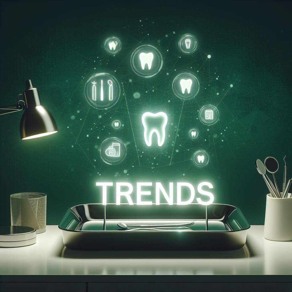 Auf einem weißen Schreitisch liegt ein Zahnarzttablett. Der Hintergrund ist Dunkelgrün. Über dem Tablett leuchtet das Wort "TRENDS" in hellen Buchstaben auf, umgeben von Symbolen, die der Dentalmedizin zuzuordnen sind