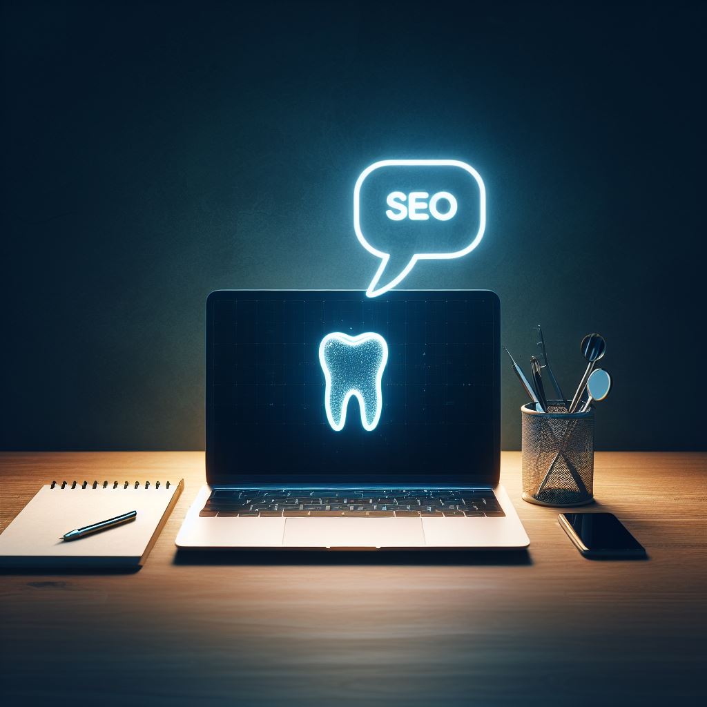 Foto einer hölzernen Schreibtischplatte vor einem dunklen Hintergrund. Auf dem Schreibtisch steht ein Aufgeklappter Laptop, daneben einige Utensilien wie Notizblock, Smartphone und Zahnarztbesteck. Das Display des Laptops zeigt einen Zahn. Über dem Display erscheint eine Sprechblase mit den Buchstaben SEO.