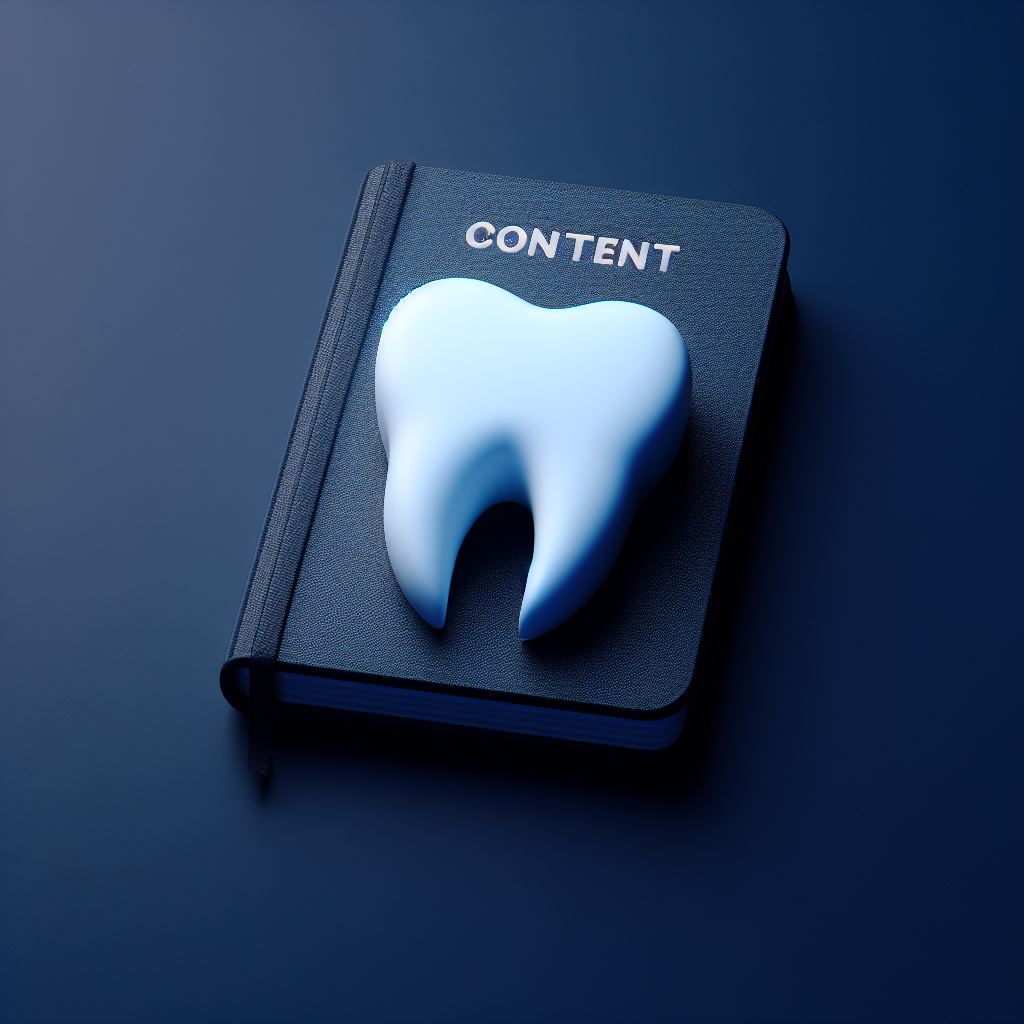 Social Media für Dentalmediziner Content-Strategie und Anleitung_DentalScale Zu sehen ist ein dunkelblaues Notizbuch mit der weißen Aufschrift "Content". Unter der Überschrift ragt ein weißes, dreidimensionales Zahnsymbol aus dem Notizbuch hervor.