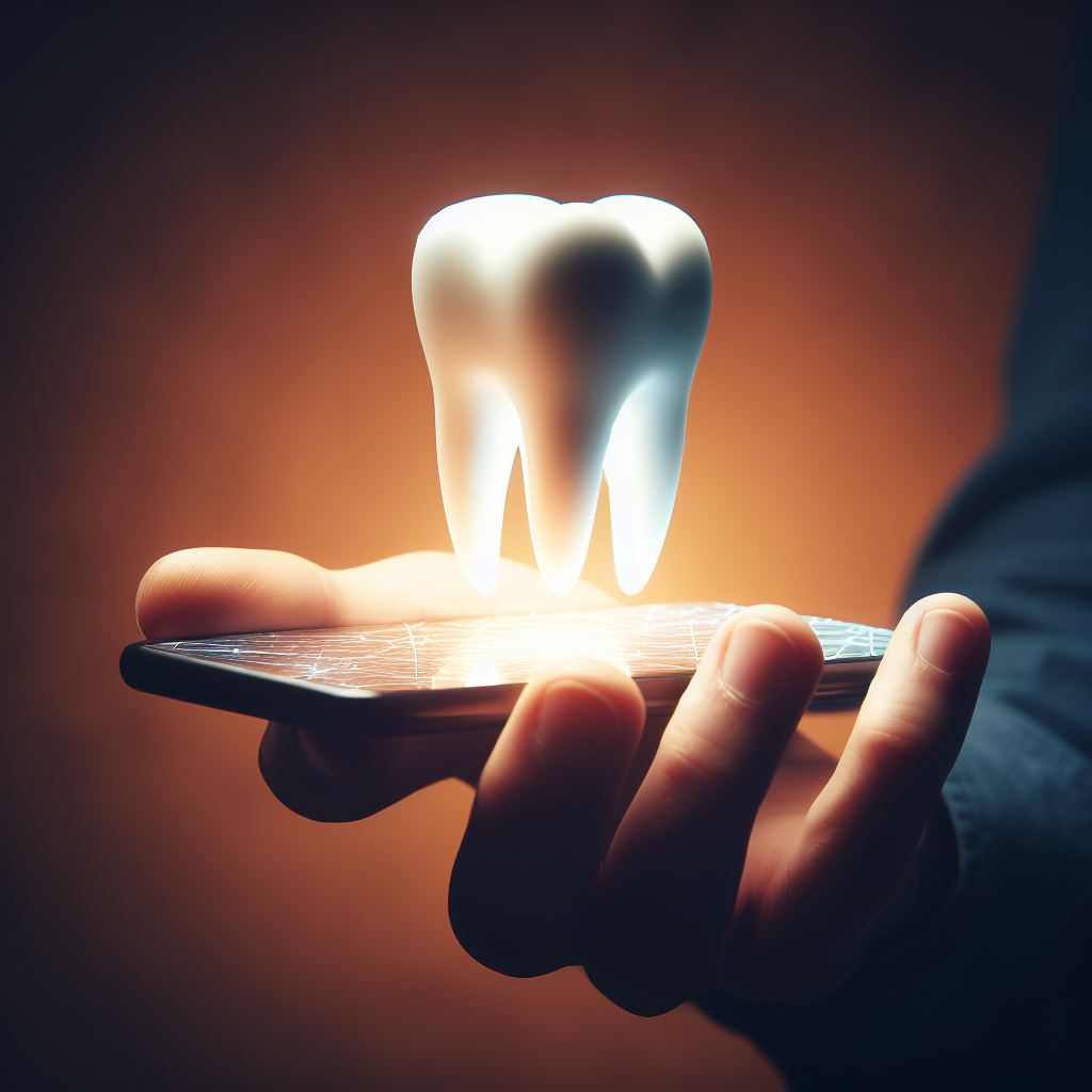 Foto einer Hand, die ein Smartphone vor einem dunklen, hält. Über dem Smartphone schwebt ein großer und markanter Zahn in 3D.