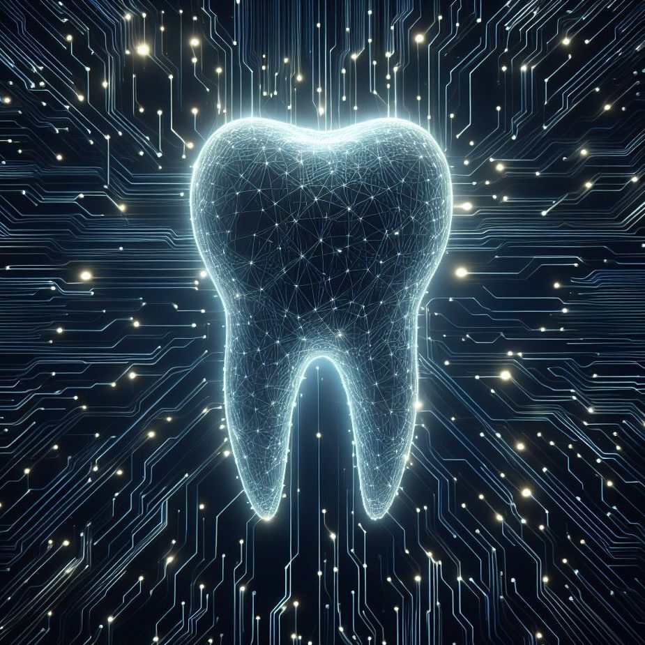 Hintergrund dunkelblau, Linien einer Leiterplatte/Platine laufen von unten auf einen polygonalen Zahn zu, über dem die Stränge der Leiterplatte leuchtend weiterlaufen.