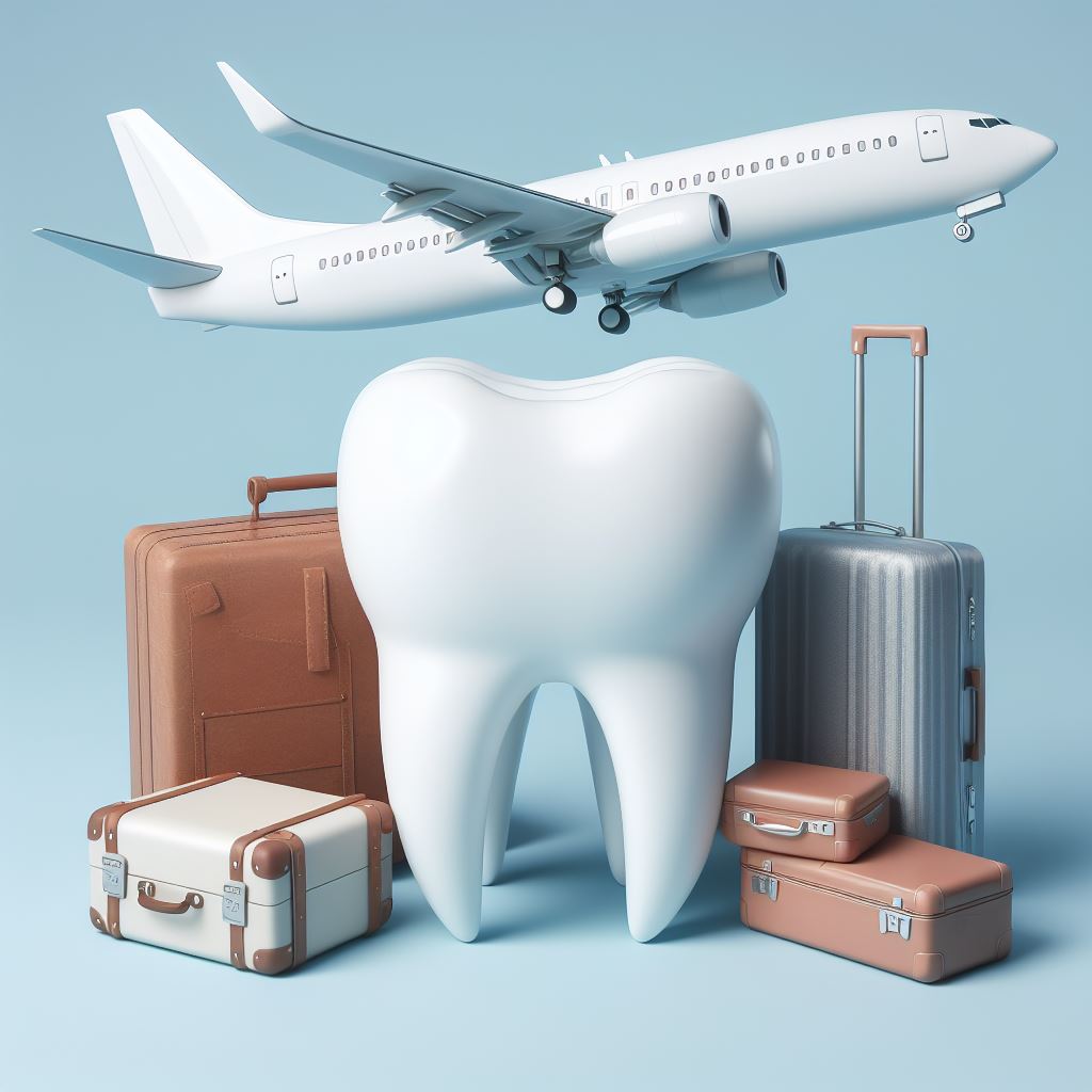 das 3D-Modell eines Zahns, daneben einige Koffer und Reisentaschen, wie bereit für die Abreise. Der obere Teil des Bildes wird dominiert von einem Passagierflugzeug, das schräg nach rechts aus dem Bild fliegt.